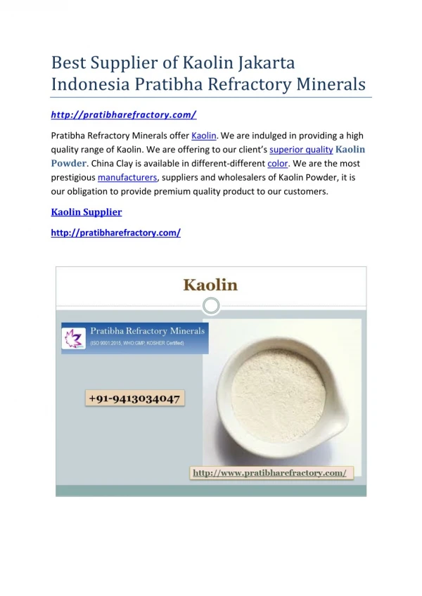 Best Supplier of Kaolin Jakarta Indonesia Pratibha Refractory Minerals