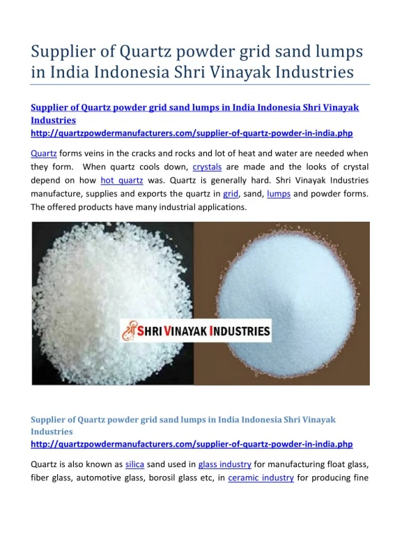 Supplier of Quartz powder grid sand lumps in India Indonesia Shri Vinayak Industries