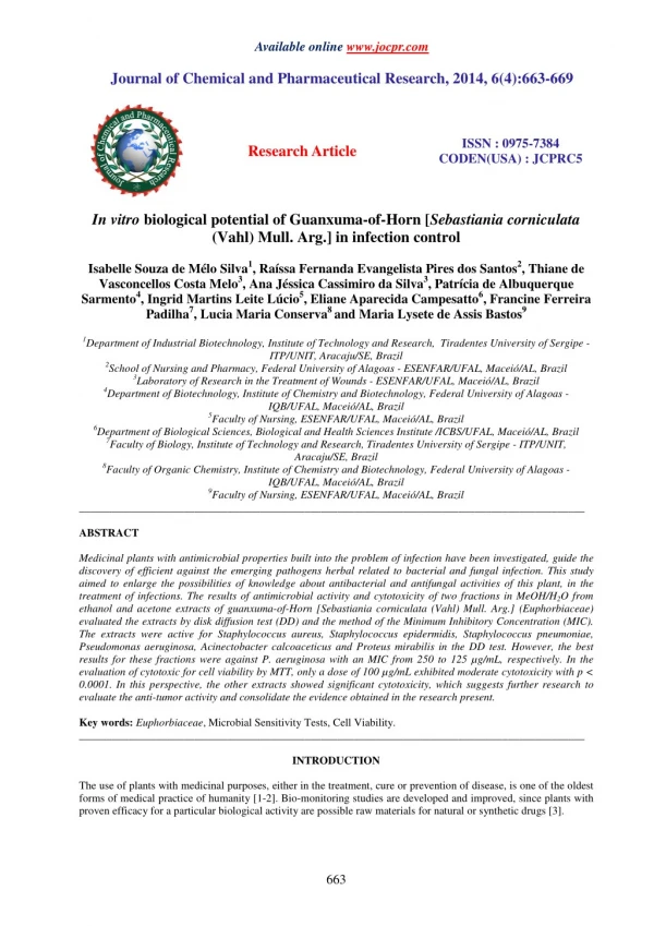 In vitro biological potential of Guanxuma-of-Horn [Sebastiania corniculata (Vahl) Mull. Arg.] in infection control