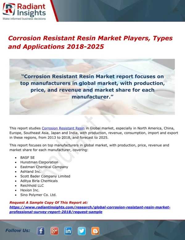Corrosion Resistant Resin Market Players, Types and Applications 2018-2025