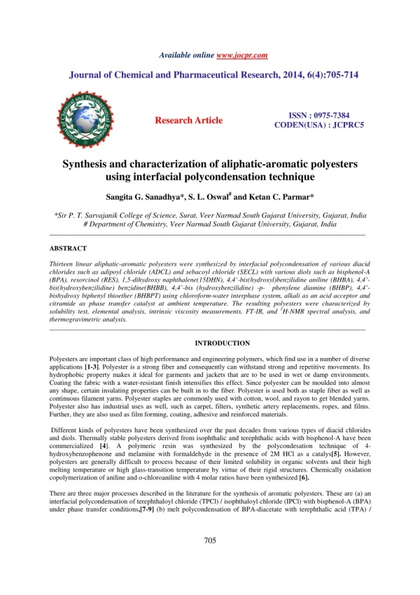 Synthesis and characterization of aliphatic-aromatic polyesters using interfacial polycondensation technique