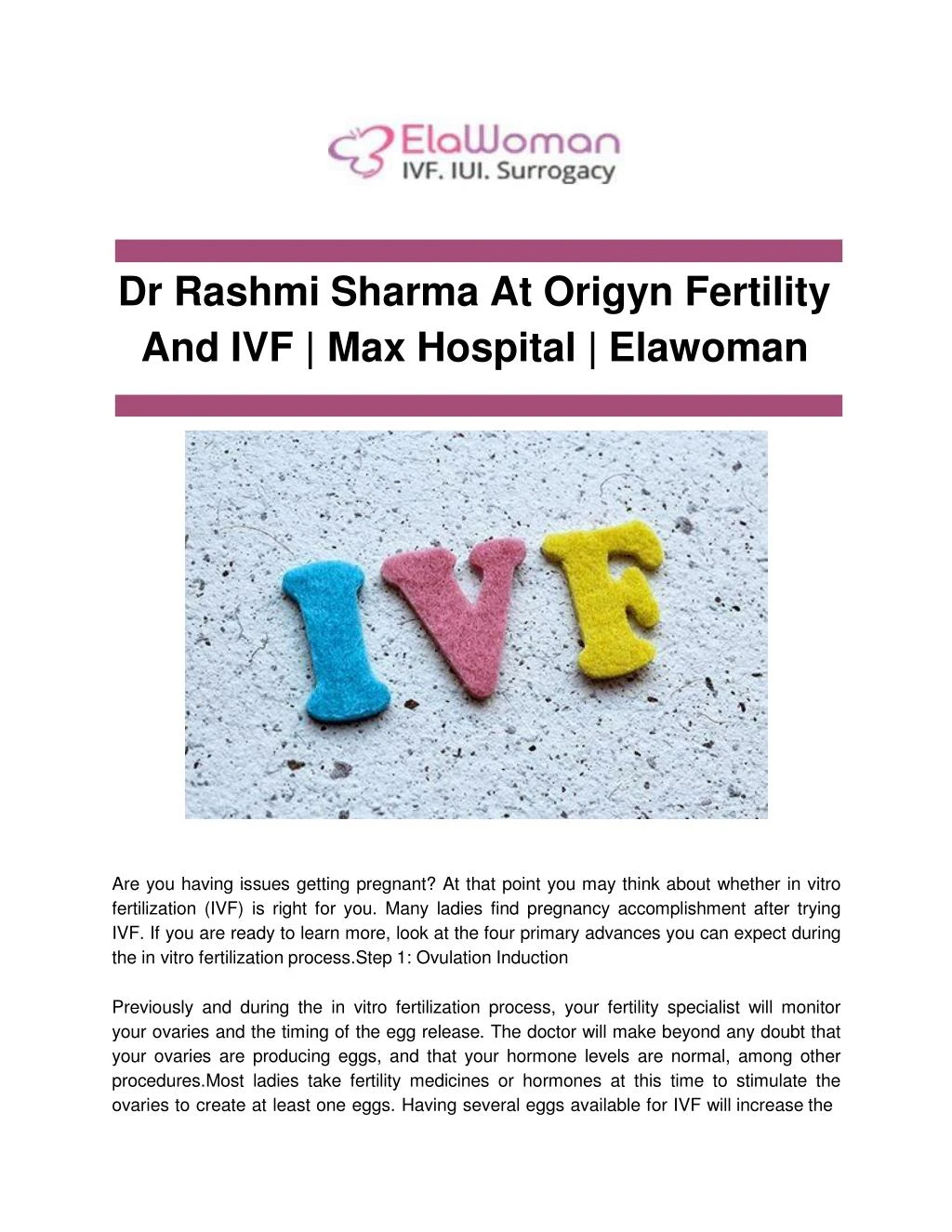 dr rashmi sharma at origyn fertility and ivf max hospital elawoman