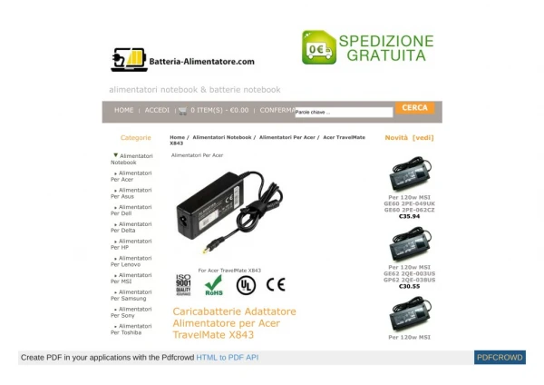 Caricabatterie Adattatore Alimentatore per Acer TravelMate X843