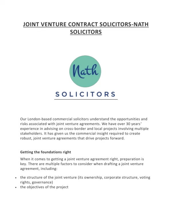JOINT VENTURE CONTRACT SOLICITORS-NATH SOLICITORS