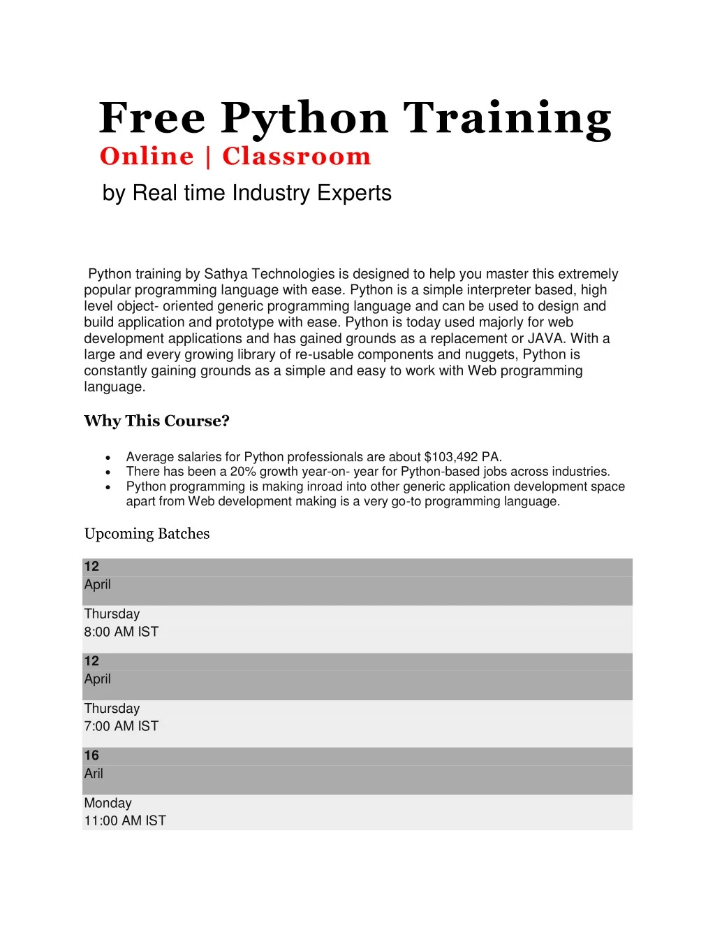 free python training online classroom by real