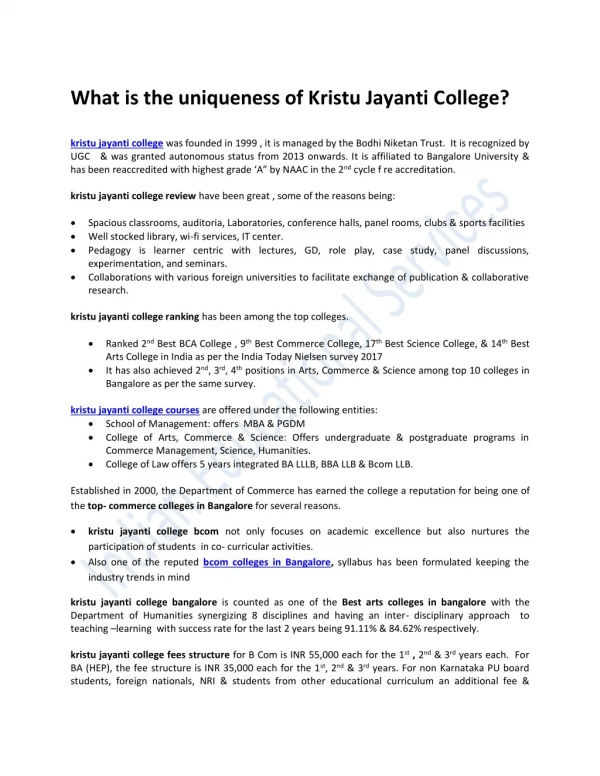 What is the uniqueness of Kristu Jayanti College?