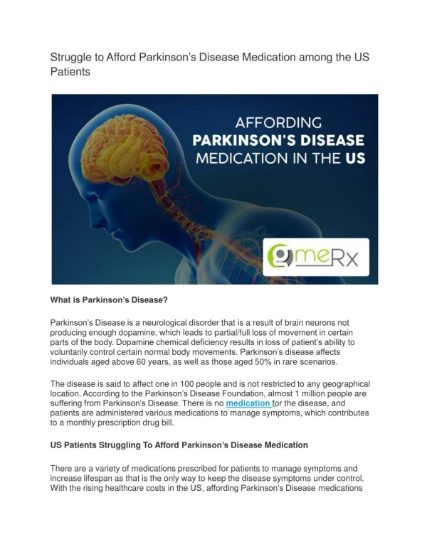 Struggle to Afford Parkinson’s Disease Medication among the US Patients
