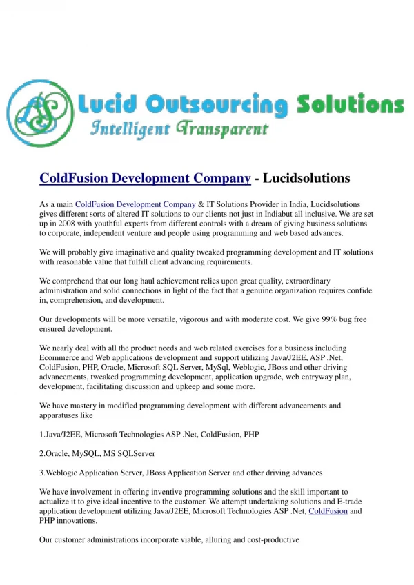 Best Coldfusion Development Company - LucidSolutions