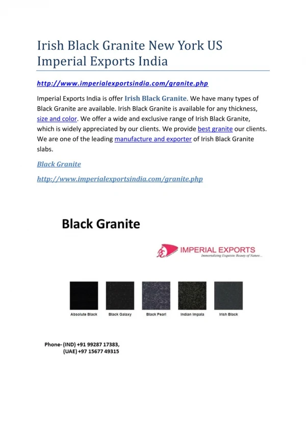 Irish Black Granite New York US Imperial Exports India