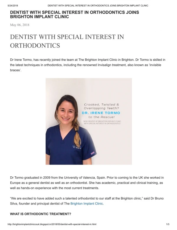 DENTIST WITH SPECIAL INTEREST IN ORTHODONTICS JOINS BRIGHTON IMPLANT CLINIC