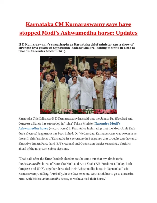 Karnataka CM Kumaraswamy says have stopped Modi's Ashwamedha horse: Updates