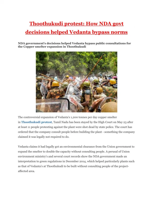 Thoothukudi protest: How NDA govt decisions helped Vedanta bypass norms