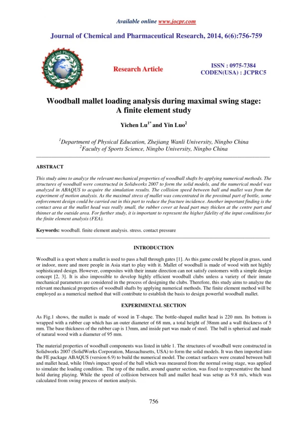 Woodball mallet loading analysis during maximal swing stage: A finite element study