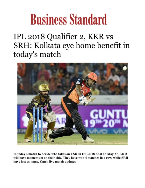 IPL 2018 Qualifier 2, KKR vs SRH: Kolkata eye home benefit in today's match