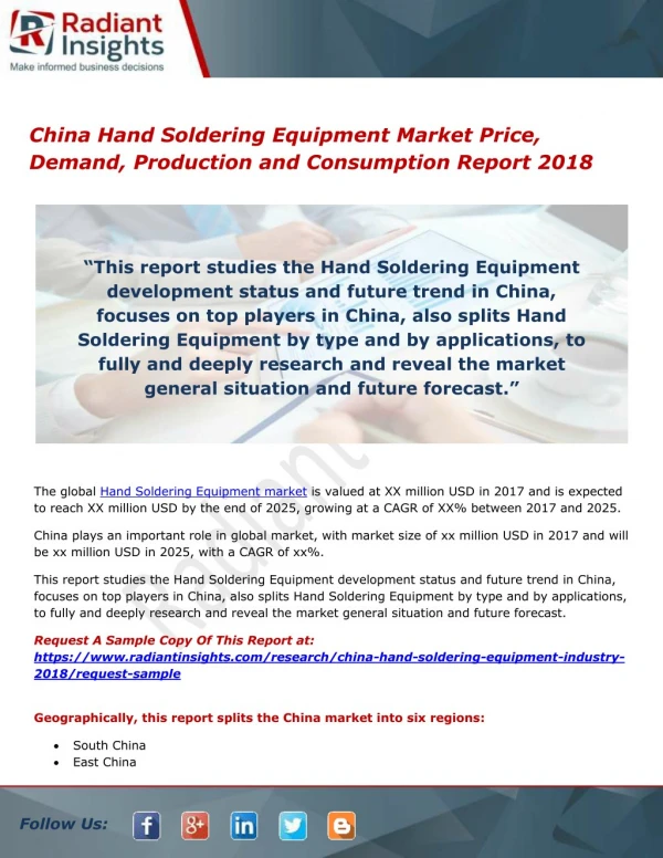 China Hand Soldering Equipment Market Price, Demand, Production and Consumption Report 2018
