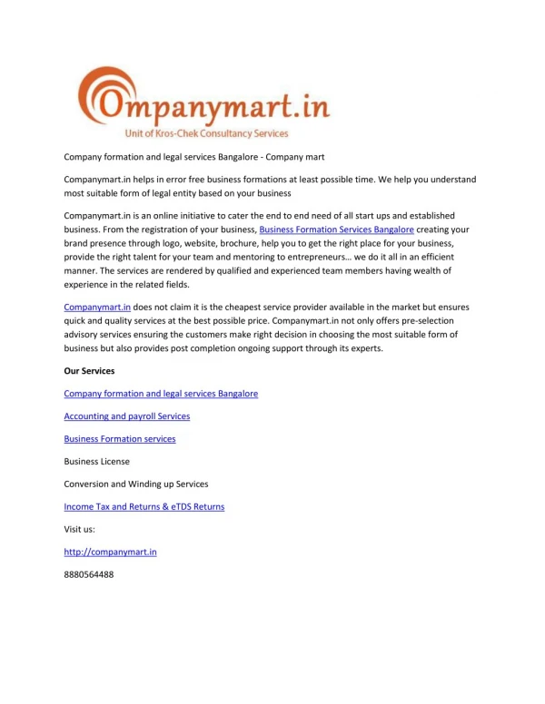 Company formation and legal services Bangalore - Company mart