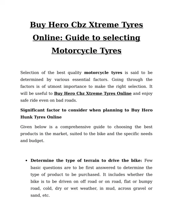 Buy Hero Cbz Xtreme Tyres Online: Guide to selecting Motorcycle Tyres