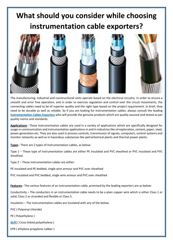 Things to consider while choosing instrumentation cable exporters