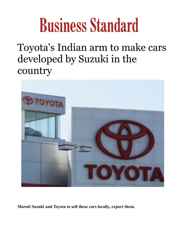 Toyota's Indian arm to make cars developed by Suzuki in the country 