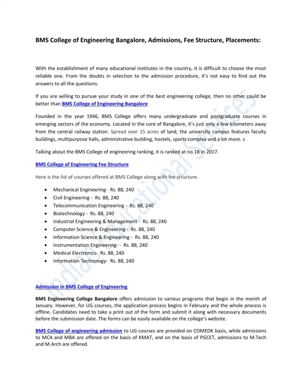 BMS College of Engineering Bangalore, Admissions, Fee Structure, Placements