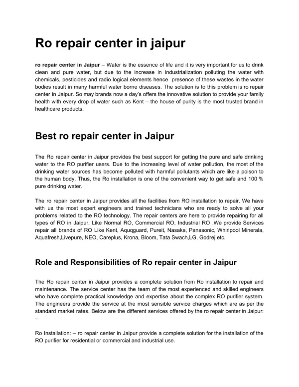 ro repair center in Jaipur