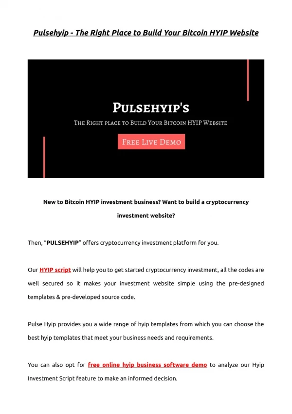 Pulsehyip - The Right Place to Build Your Bitcoin HYIP Website