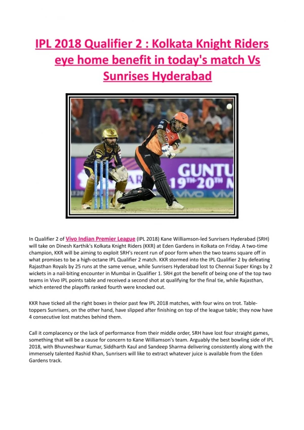 IPL 2018 Qualifier 2 - Kolkata Knight Riders Eye Home Benefit in Today's Match vs Sunrises Hyderabad