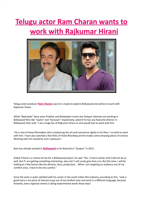 Telugu actor Ram Charan wants to work with Rajkumar Hirani