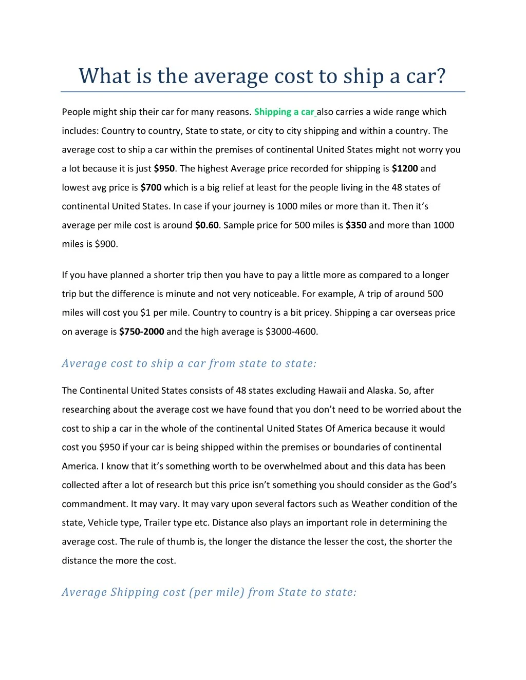 what is the average cost to ship a car