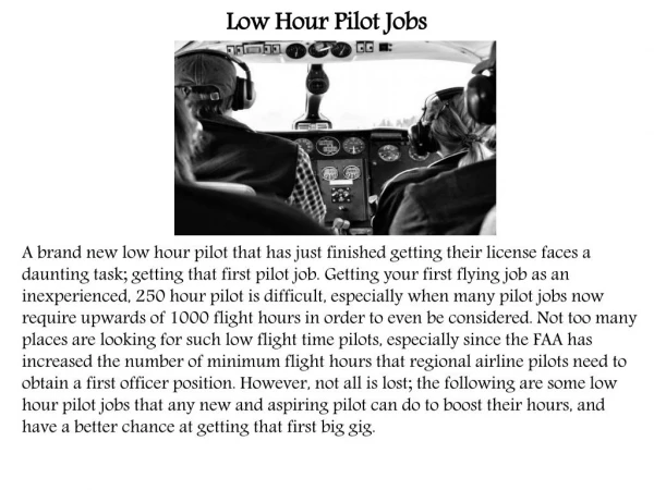 Low Hour Pilot Jobs | Pilots with Low Time | Commercial Pilot Job