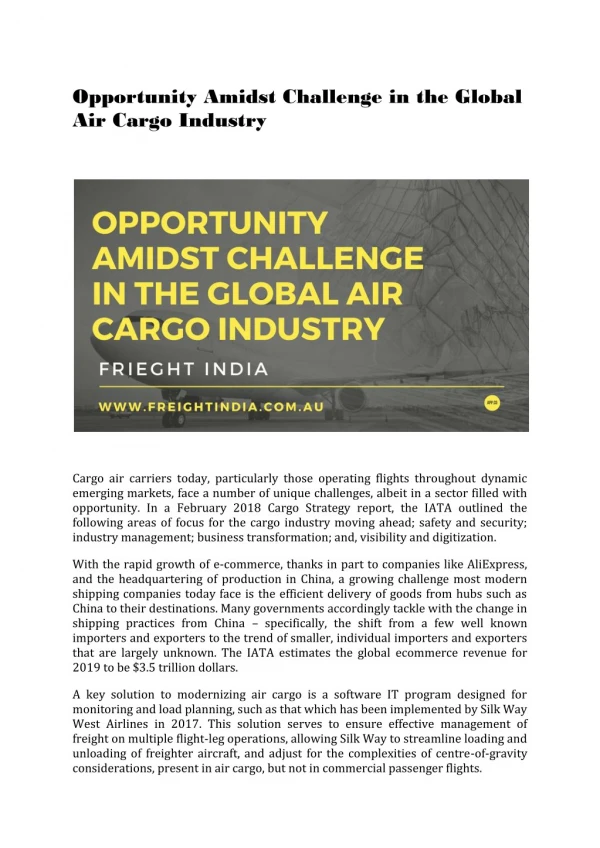 Opportunity Amidst Challenge in the Global Air Cargo Industry