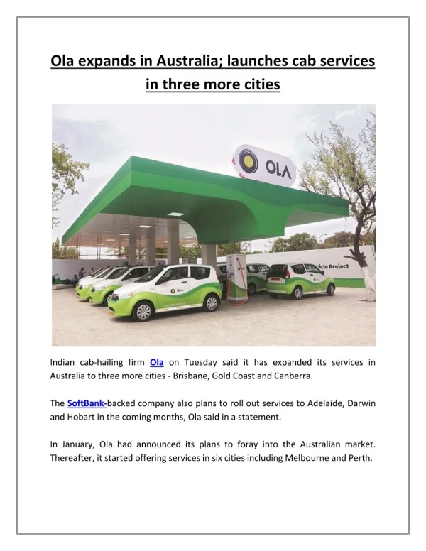 Ola Expands in Australia; Launches Cab Services in Three More Cities