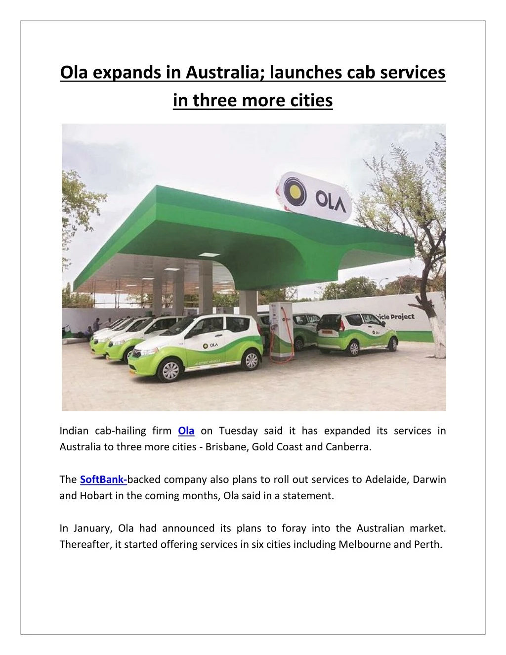 ola expands in australia launches cab services