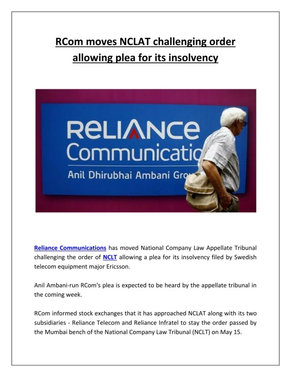 RCom Moves NCLAT Challenging Order Allowing Plea for Its Insolvency