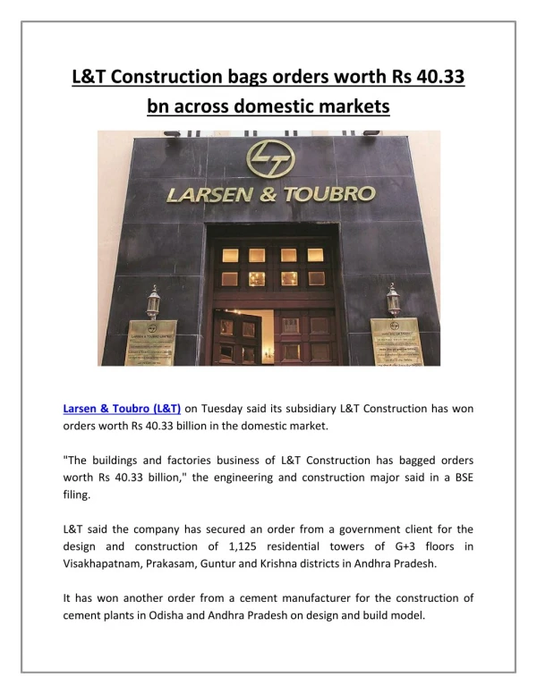 L&t construction bags orders worth rs 40 33 bn across domestic markets