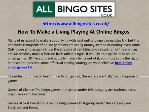 How To Make a Living Playing At Online Bingos