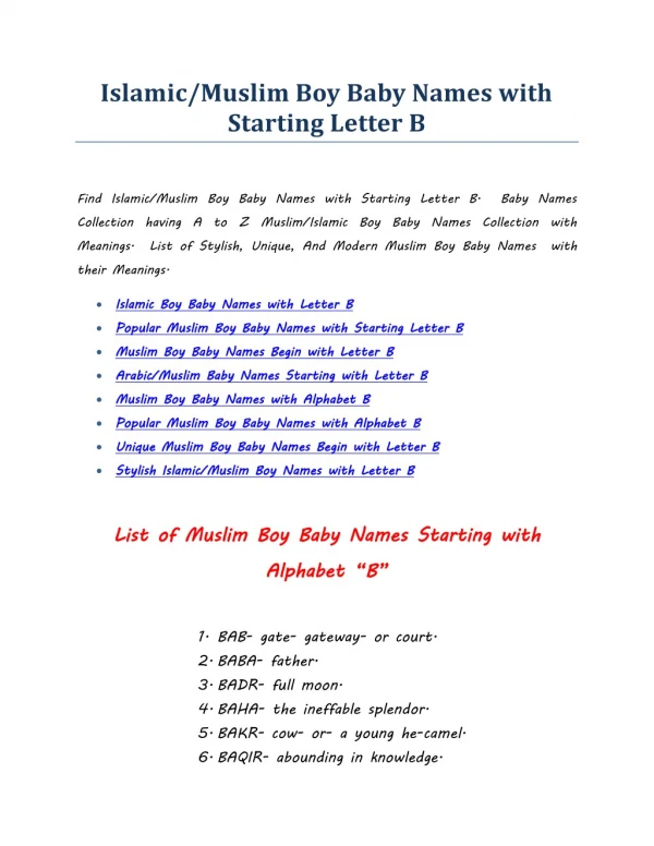 Islamic/Muslim Boy Baby Names with Starting Letter B