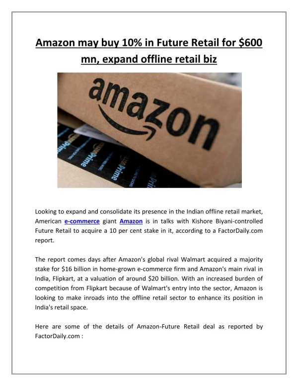 Amazon may buy 10% in future retail for $600 mn, expand offline retail biz