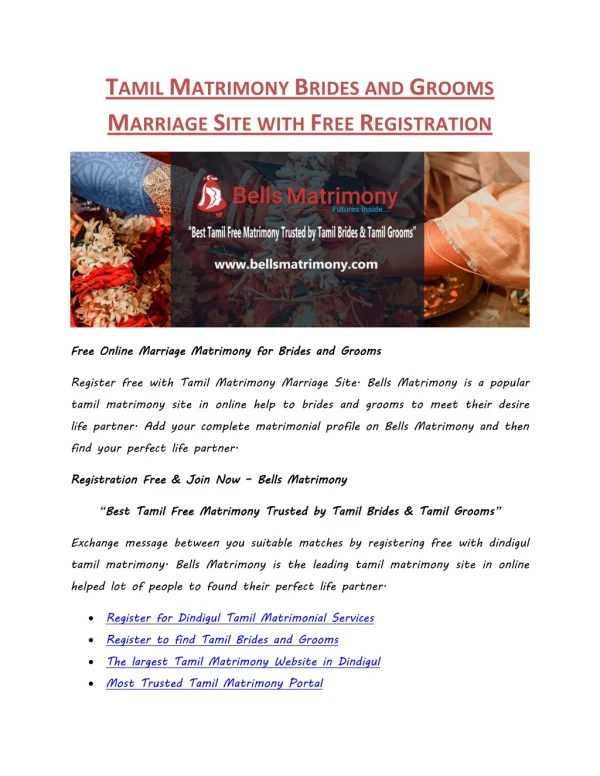Tamil Matrimony Brides and Grooms Marriage Site with Free Registration