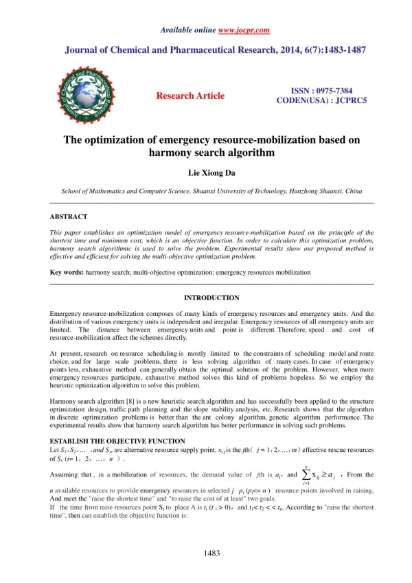 The optimization of emergency resource-mobilization based on harmony search algorithm