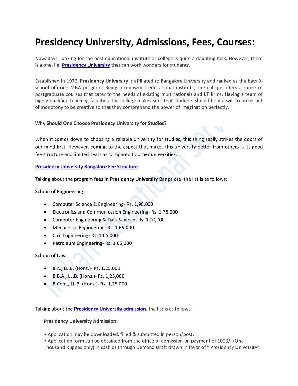 presidency university admissions fees courses