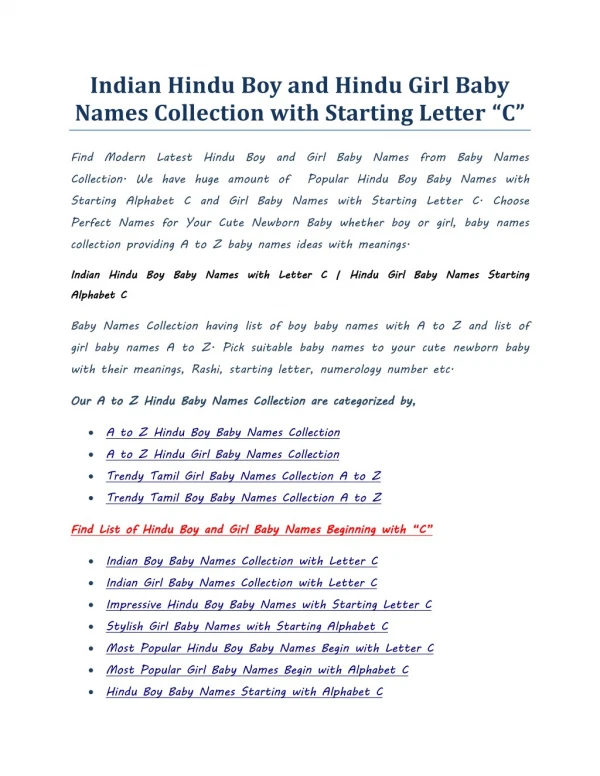 Indian Hindu Boy Baby Names with Letter C | Hindu Girl Baby Names Starting Alphabet C