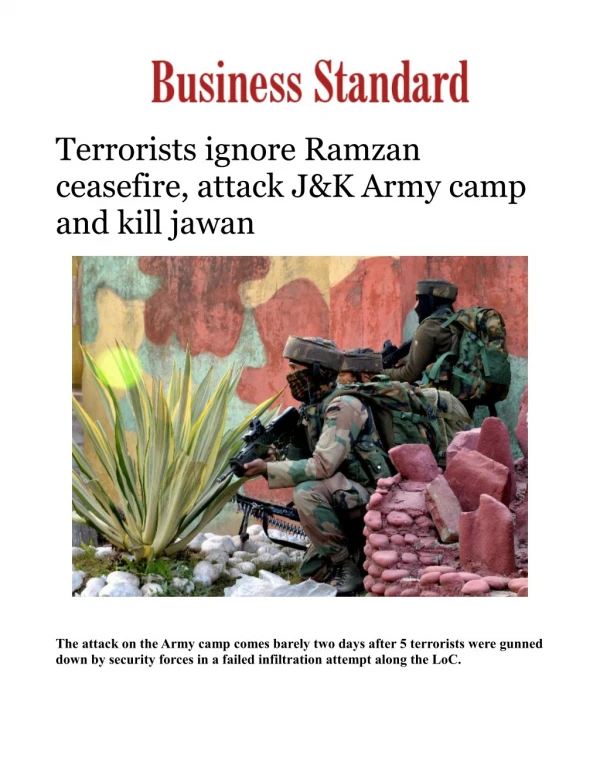Terrorists ignore Ramzan ceasefire, attack J&K Army camp and kill jawan
