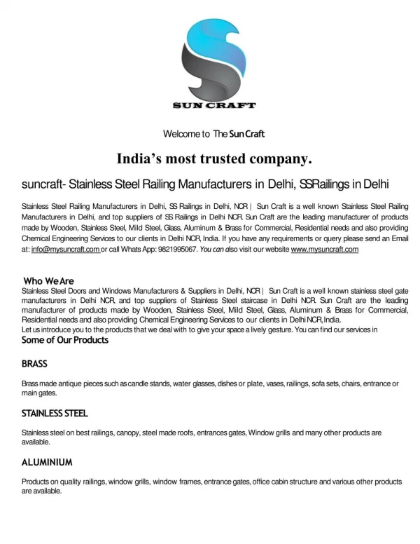 suncraft- Stainless Steel Railing Manufacturers in Delhi, SS Railings in Delhi