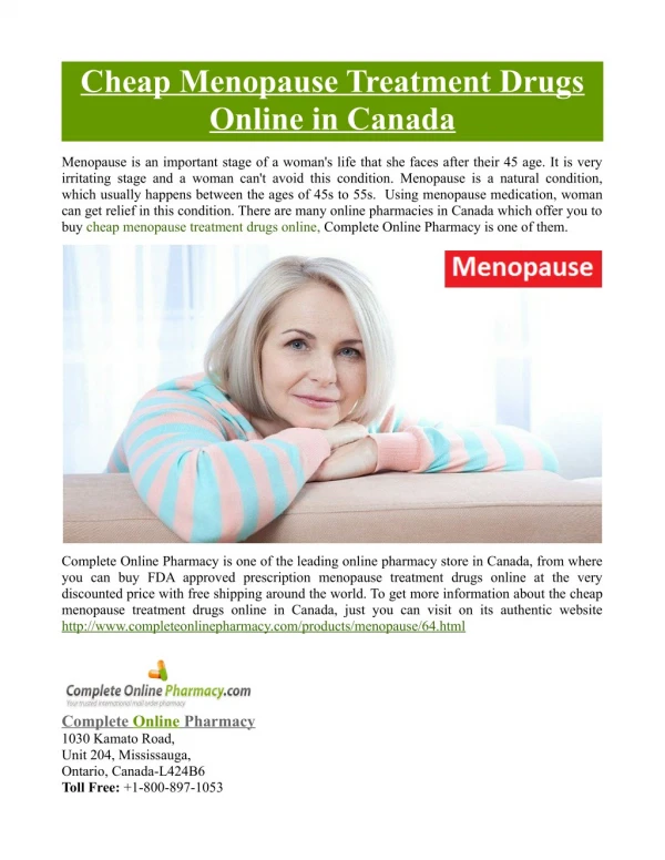 Cheap Menopause Treatment Drugs Online in Canada