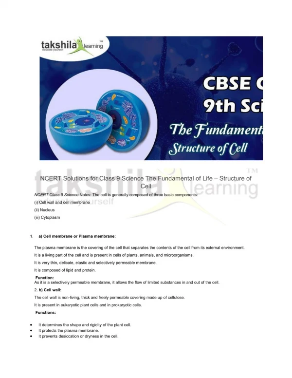 NCERT Class 9 Science - The Fundamental of Life - Structure of Cell