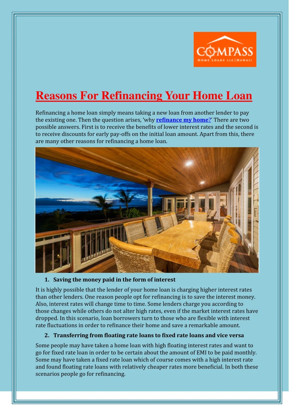 reasons for refinancing your home loan