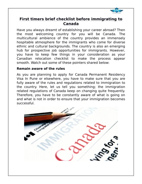 First timers brief checklist before immigrating to Canada