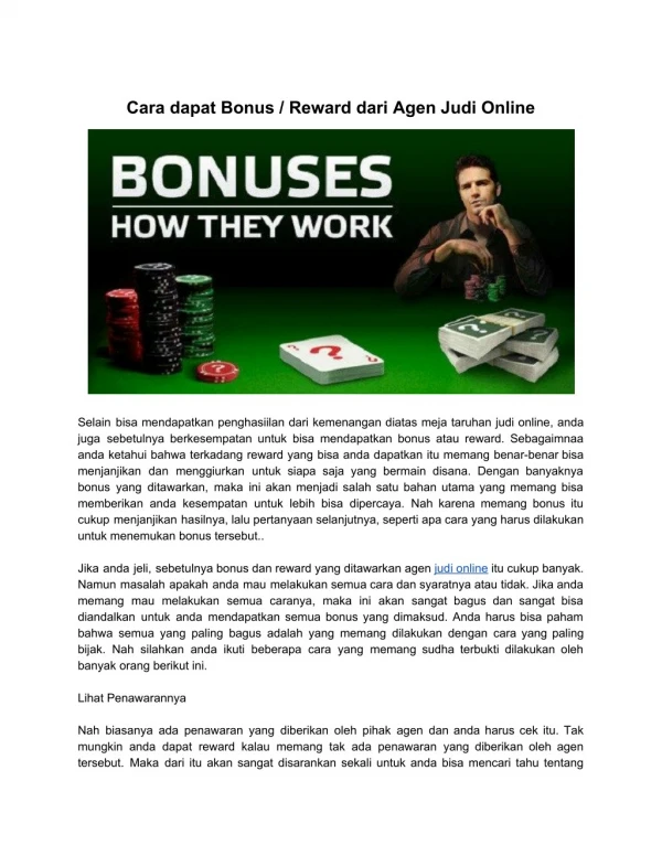Cara dapat Bonus / Reward dari Agen Judi Online