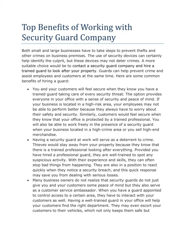 Top Benefits of Working with Security Guard Company